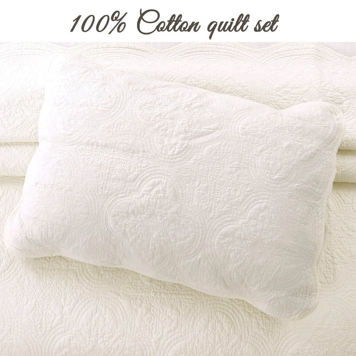 Ivory quilted pillow sham with embossed medallion swirl texture