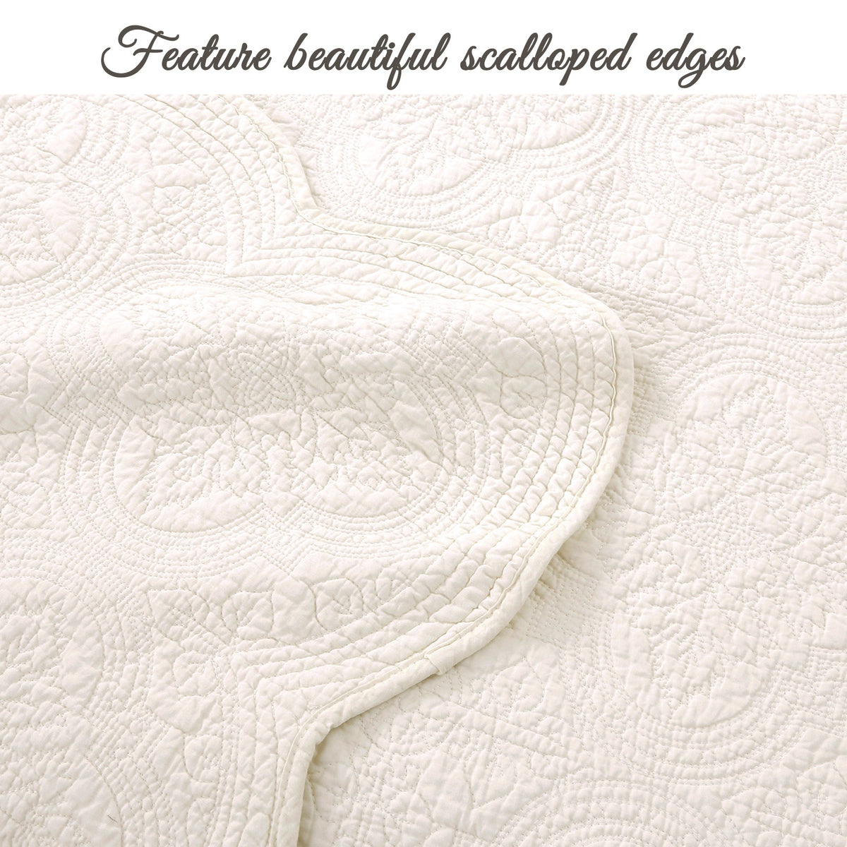 Ivory quilt detail with scalloped edges and textured medallion floral quilting