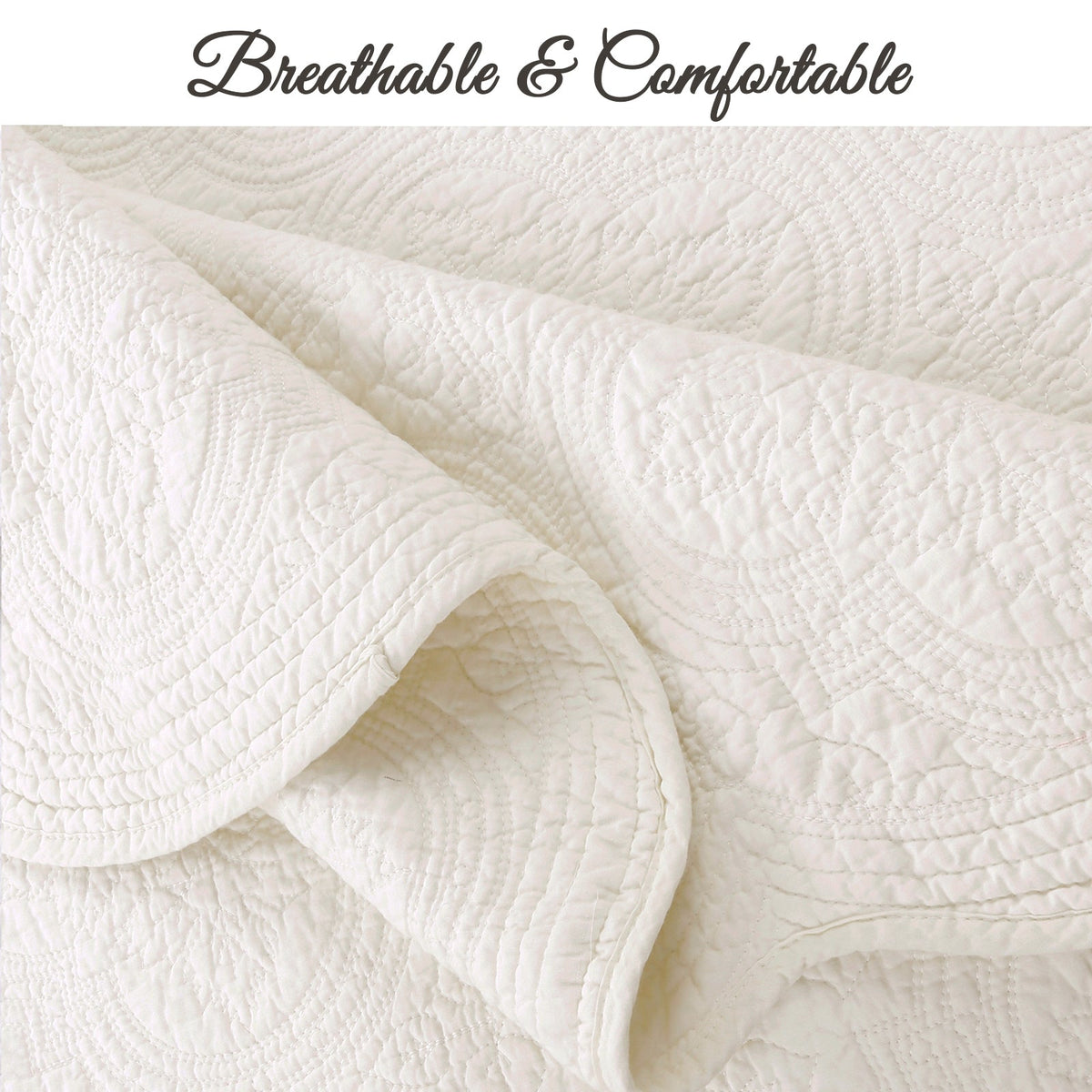 Ivory quilt corner with breathable-looking quilted texture and stitched fabric edge