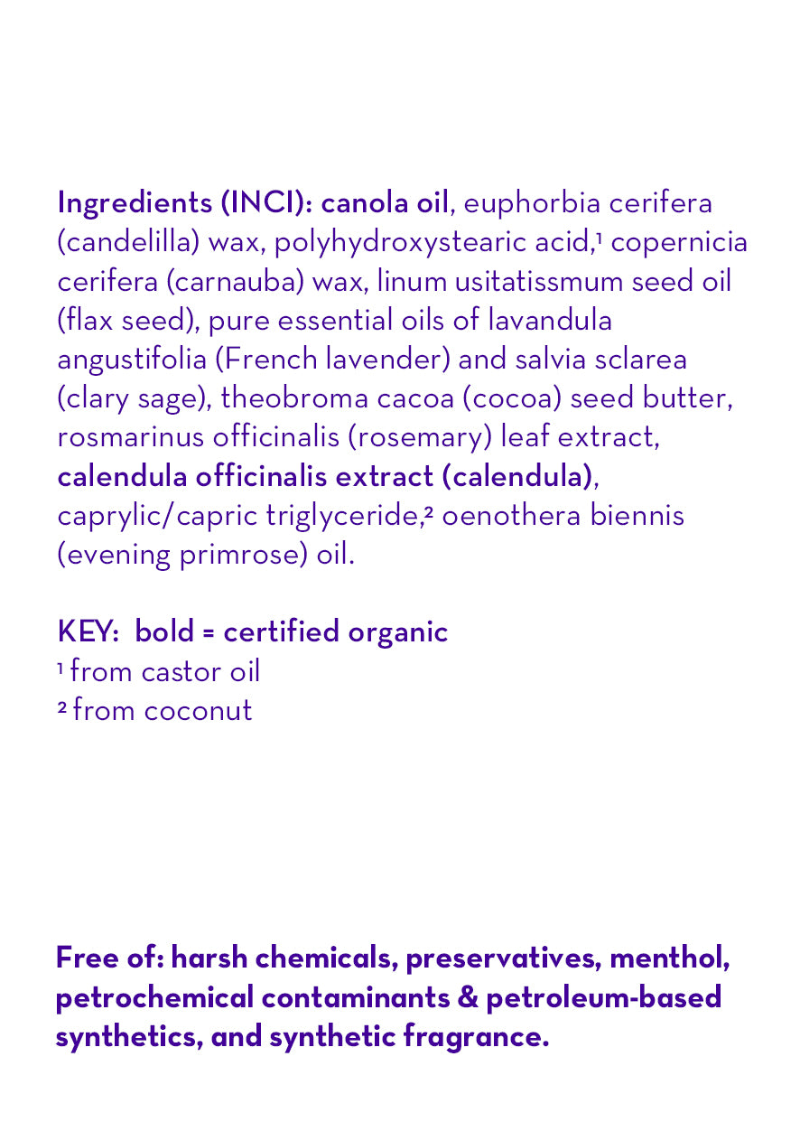 Calming Bedtime Stick ingredient and INCI panel with key and free-from notes