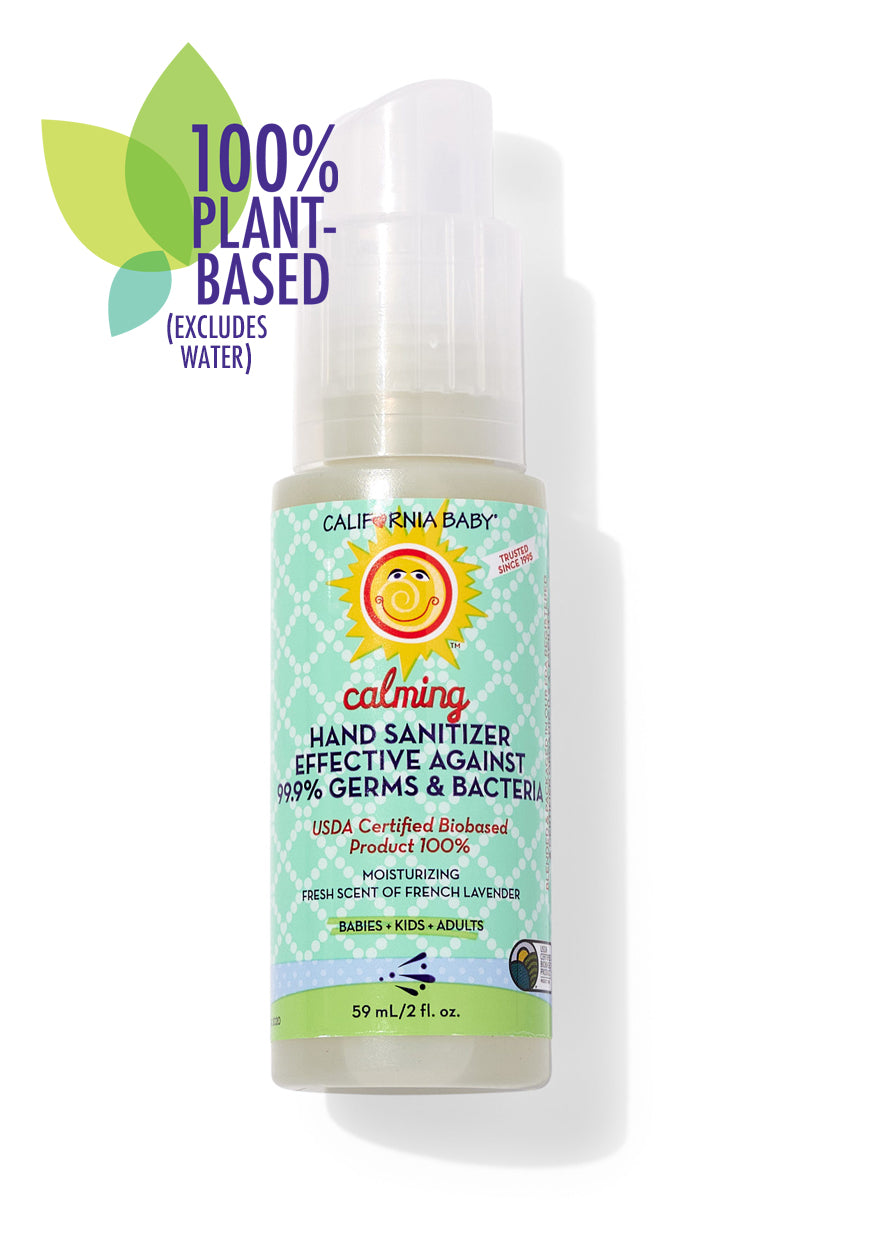 Hand sanitizer bottle with clear pump and teal label, 59 mL.