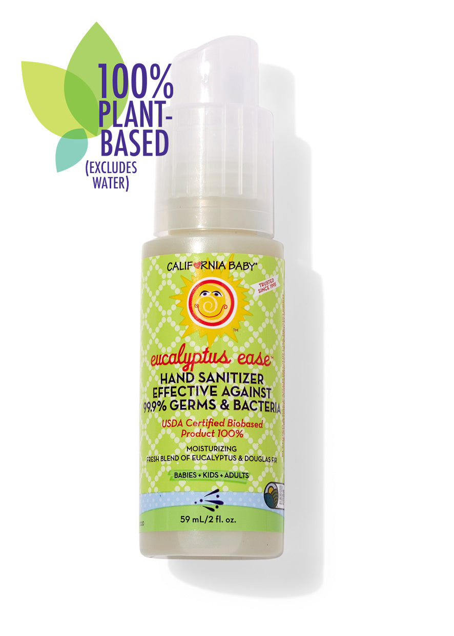 Hand sanitizer bottle with clear pump and green label, 59 mL.