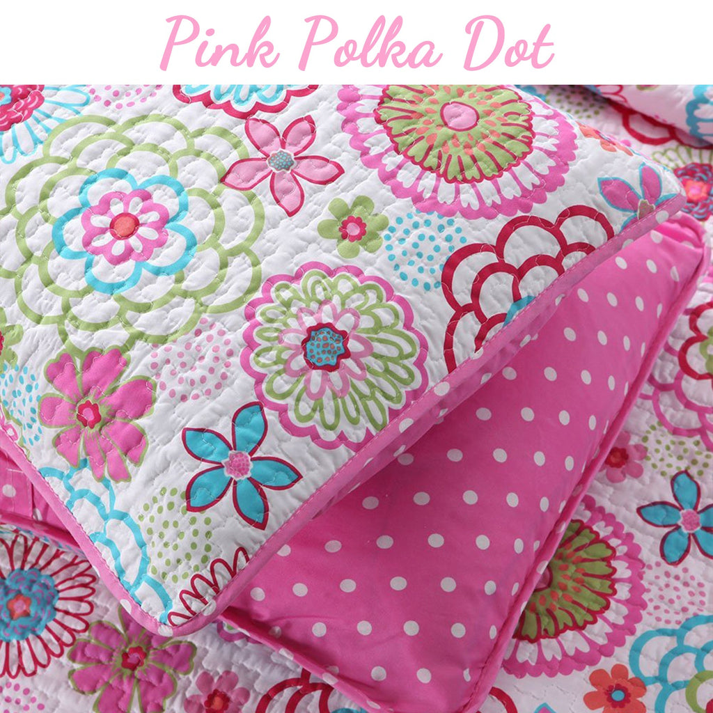 Reversible quilt bedding set quilt cover with pink polka dots and colorful flower prints
