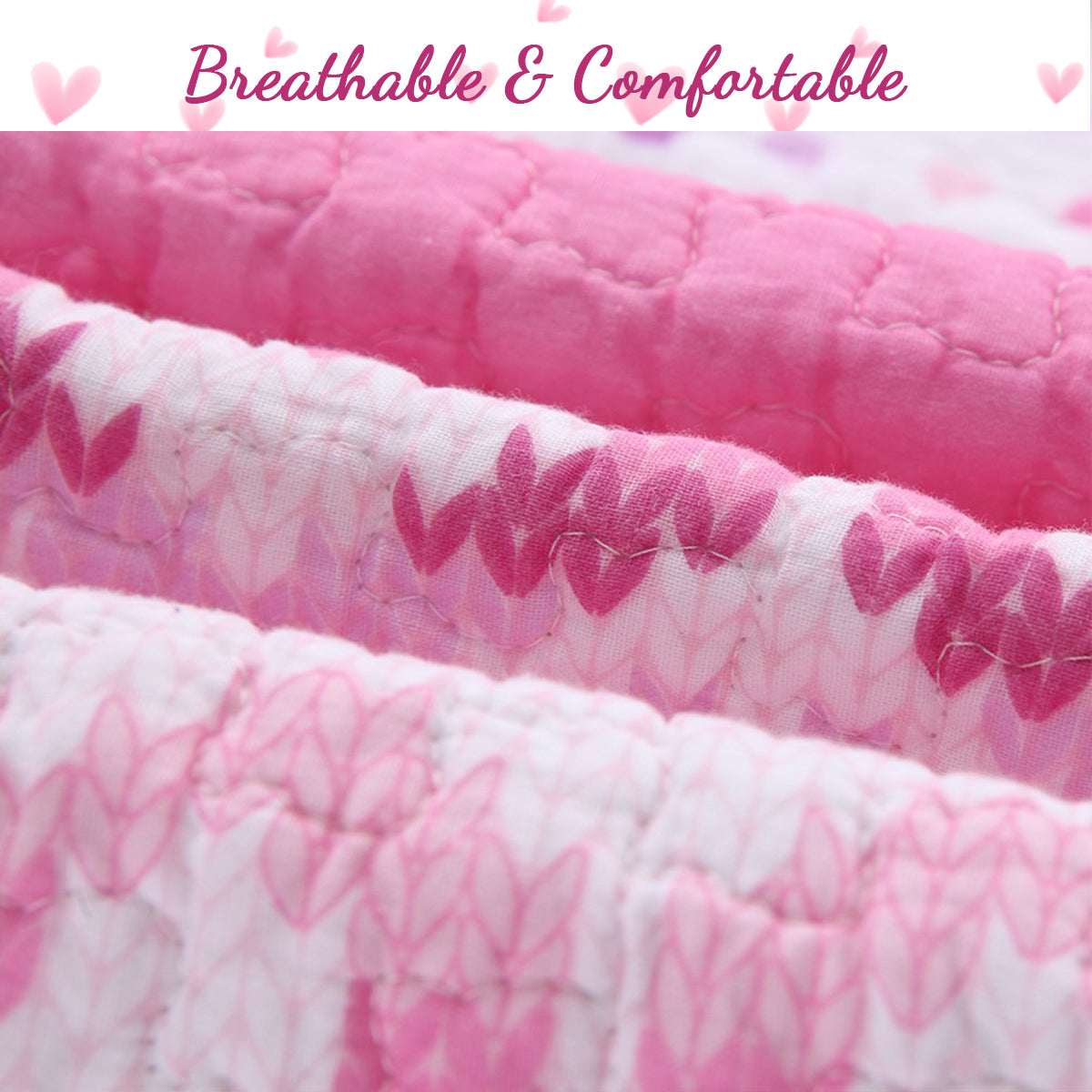 Close-up of quilted pink bedding with textured fabric and stitched pattern bands