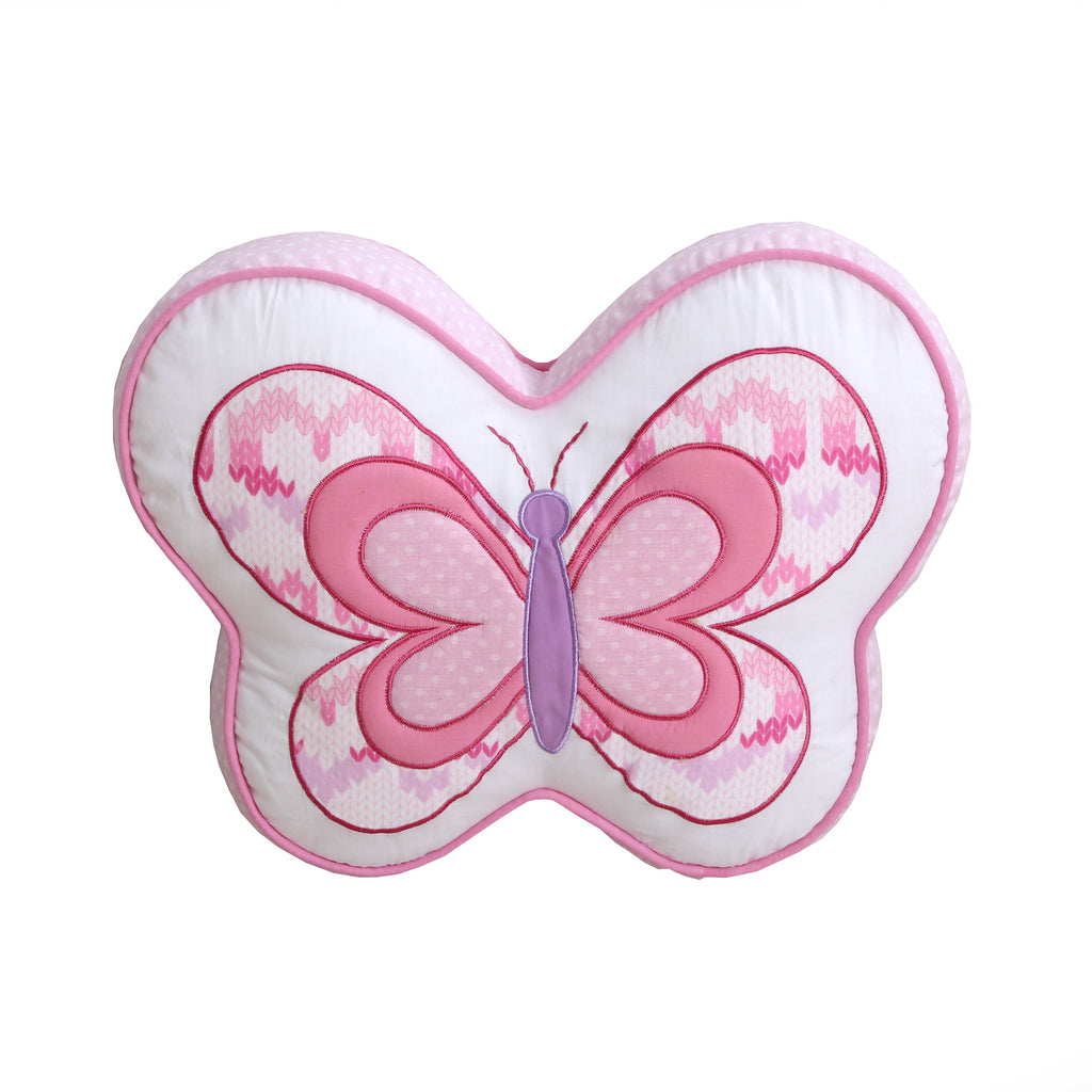 Butterfly-shaped pink and white decorative pillow with purple stitched accents
