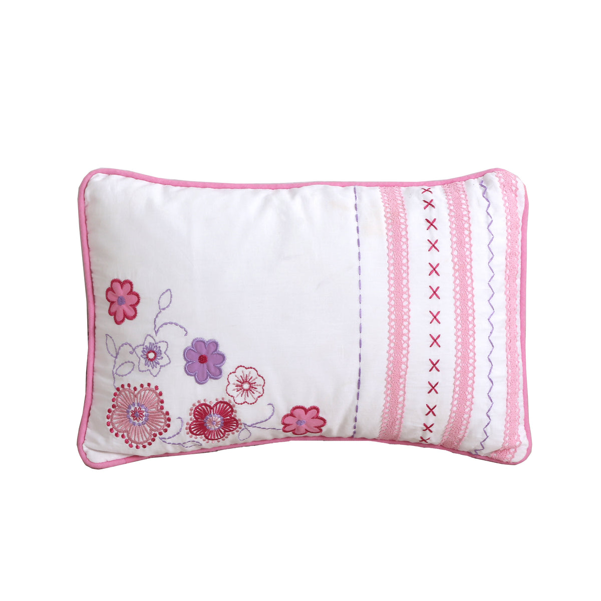 Rectangular pink and white floral and stripe decorative pillow with contrast trim