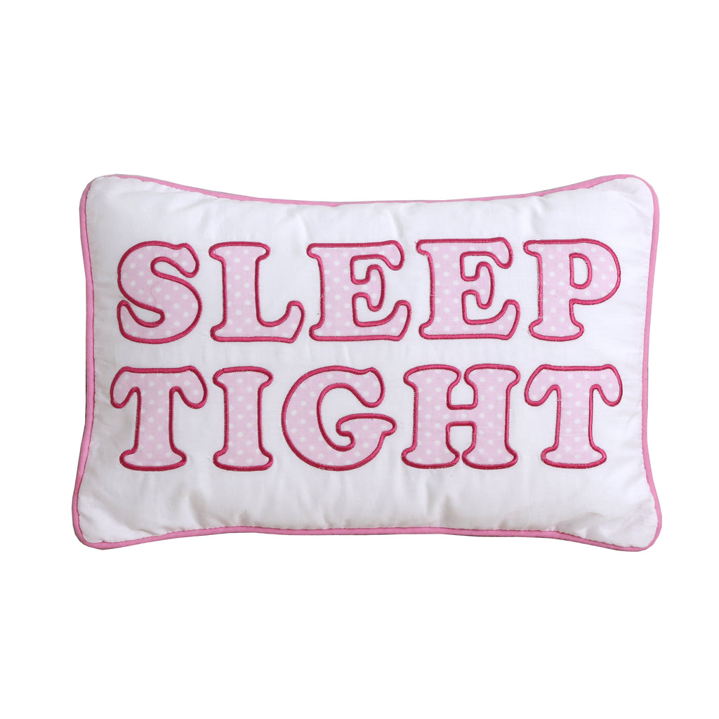 Rectangular white pillow with pink outline SLEEP TIGHT lettering and contrast piping