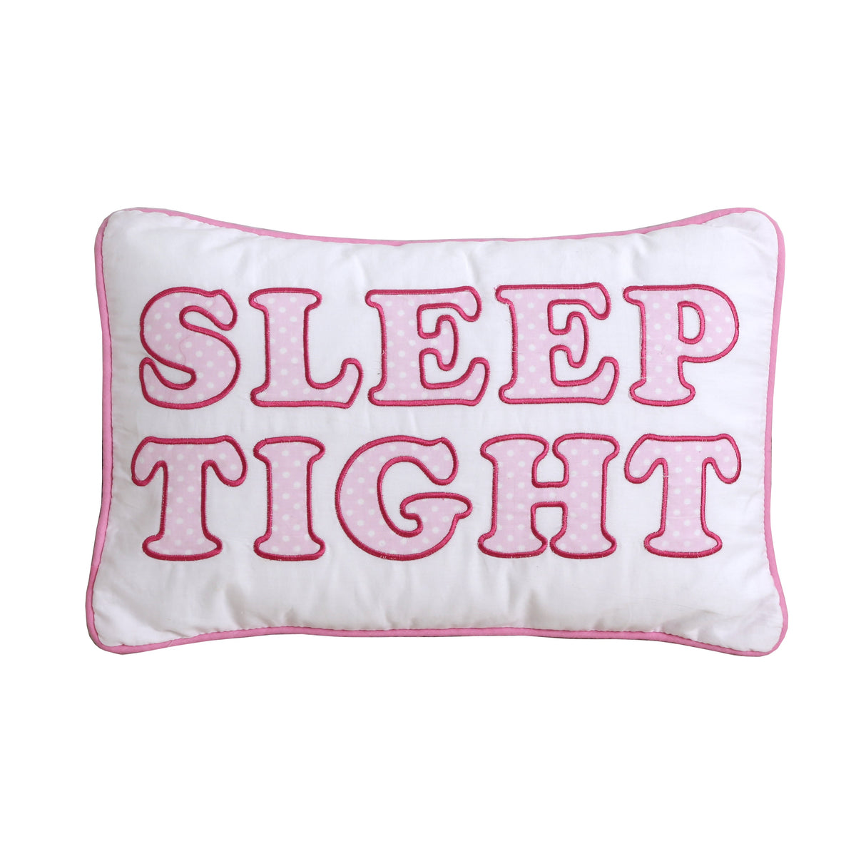 Rectangular white pillow with pink outline SLEEP TIGHT lettering and contrast piping