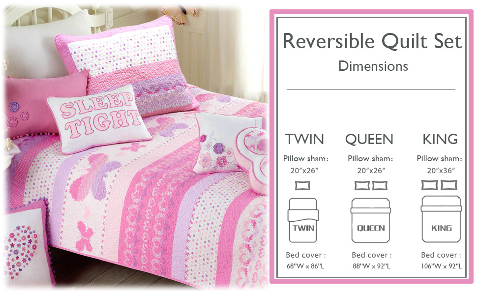 Pink reversible quilt set on bed with patterned quilt and coordinating pillows