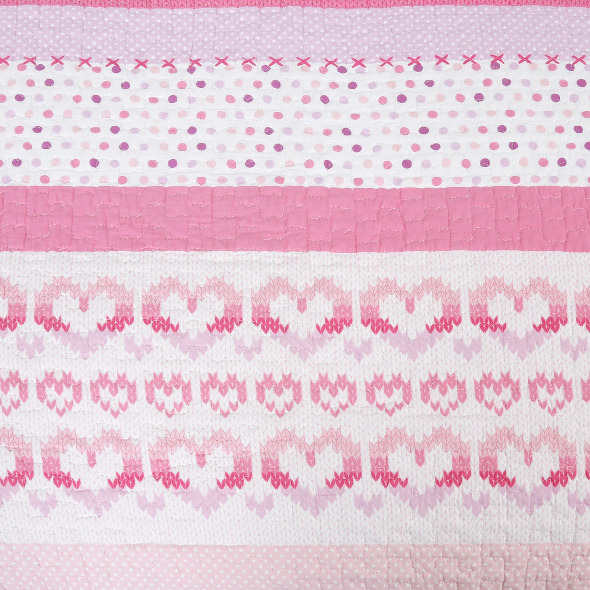Quilted pink and white striped section with cross-stitch dots and zigzag trim
