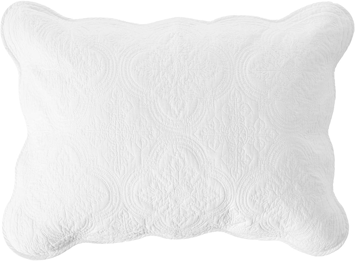 White quilt pillow sham with medallion floral quilted texture
