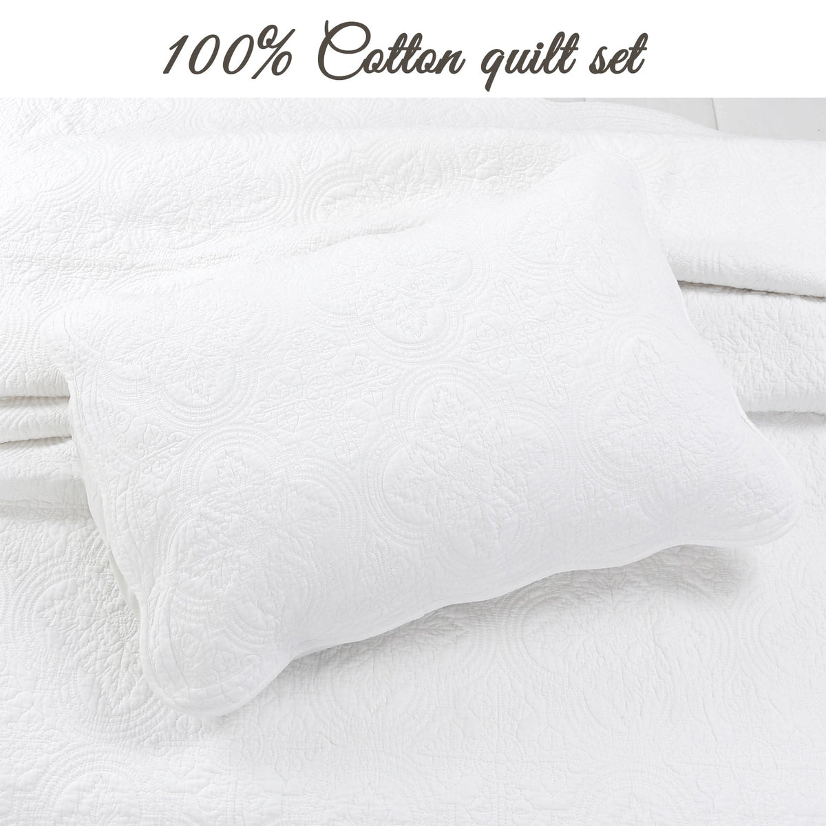White quilt face with allover medallion floral quilting pattern