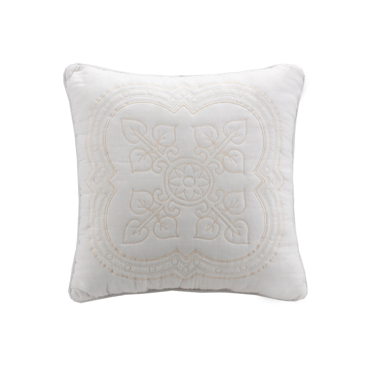White decorative pillow with ornate stitched medallion design