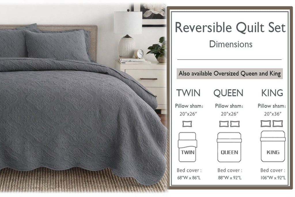 Reversible quilt set size chart graphic with TWIN, QUEEN, and KING layout