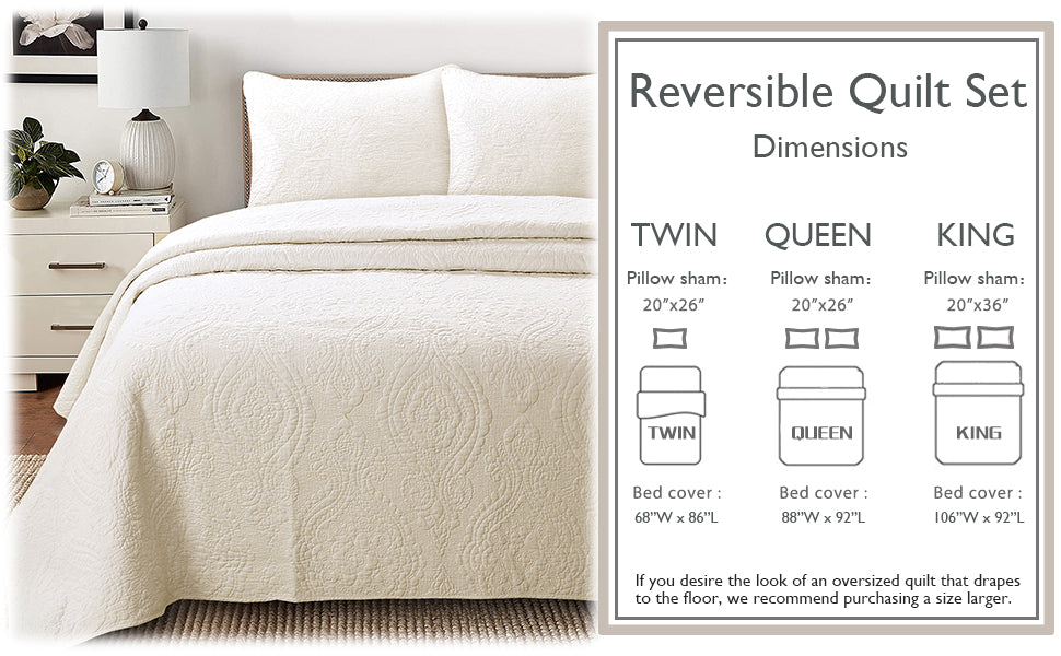 Ivory reversible quilt bedding set with two pillow shams and bed cover