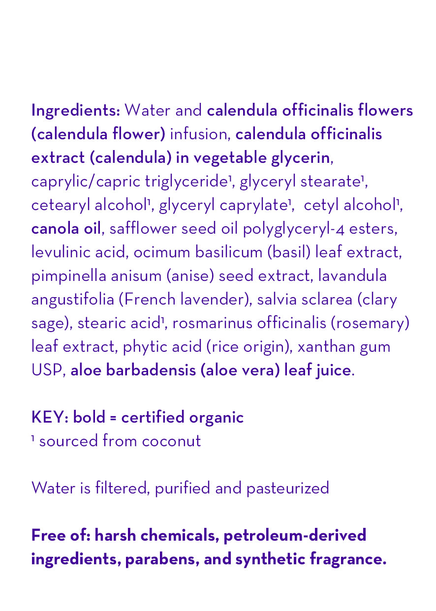 Calendula cream ingredients and key notes text panel on white background