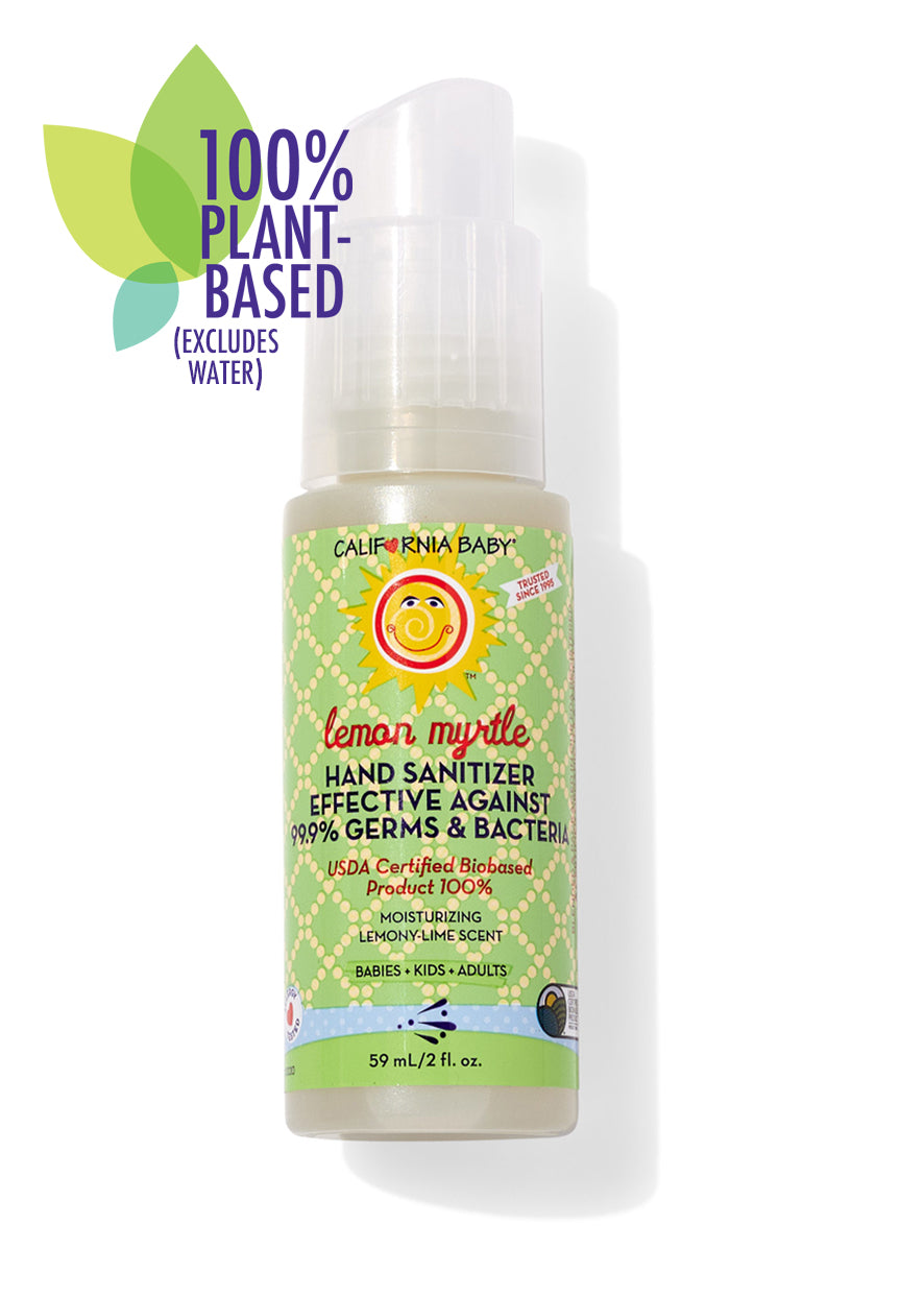 Hand sanitizer bottle with clear pump and green patterned label, 59 mL.