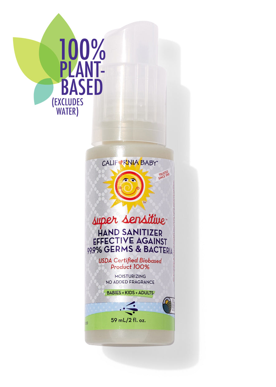 Hand sanitizer bottle with clear pump and gray-blue label, 59 mL.