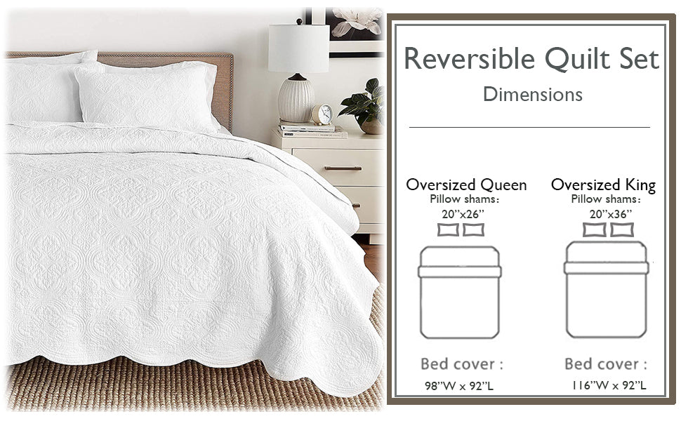 Reversible quilt set dimensions chart for oversized queen and oversized king