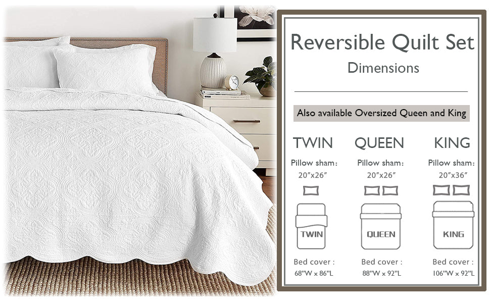 Reversible quilt set dimensions chart for twin, queen, and king