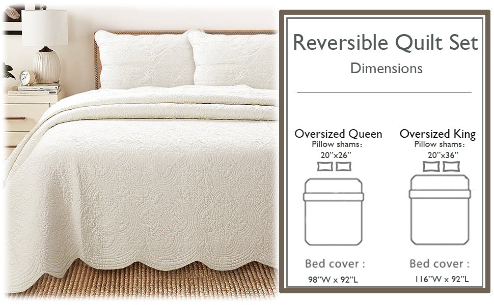 Ivory reversible quilt set on bed with scalloped edge and two pillow shams
