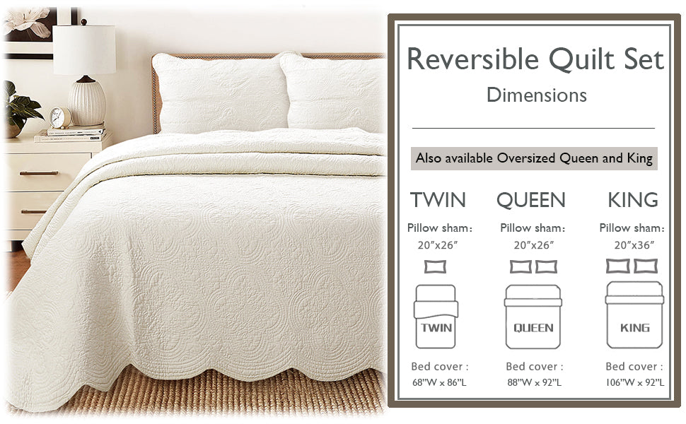 Ivory reversible quilt set with matching pillow shams and scalloped quilted border