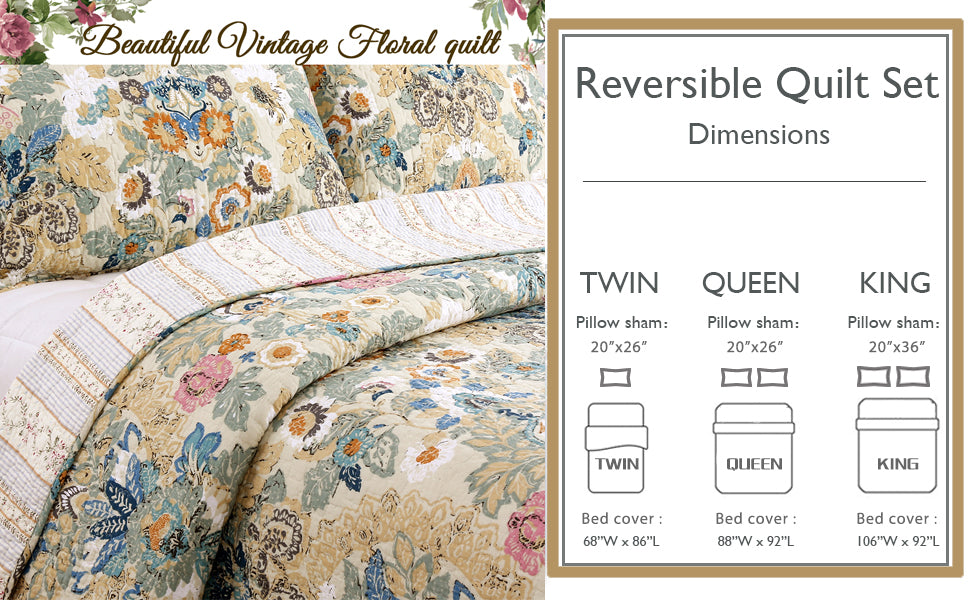 Reversible vintage floral quilt set with pillow shams in blue and tan pattern