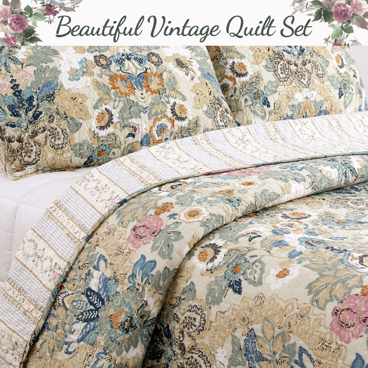 Vintage floral quilt set with layered quilt and two pillow shams, blue and tan