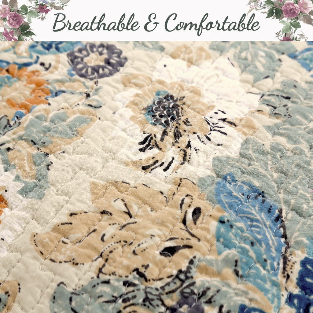 Quilted reversible floral bedding with raised stitching and blue flower pattern