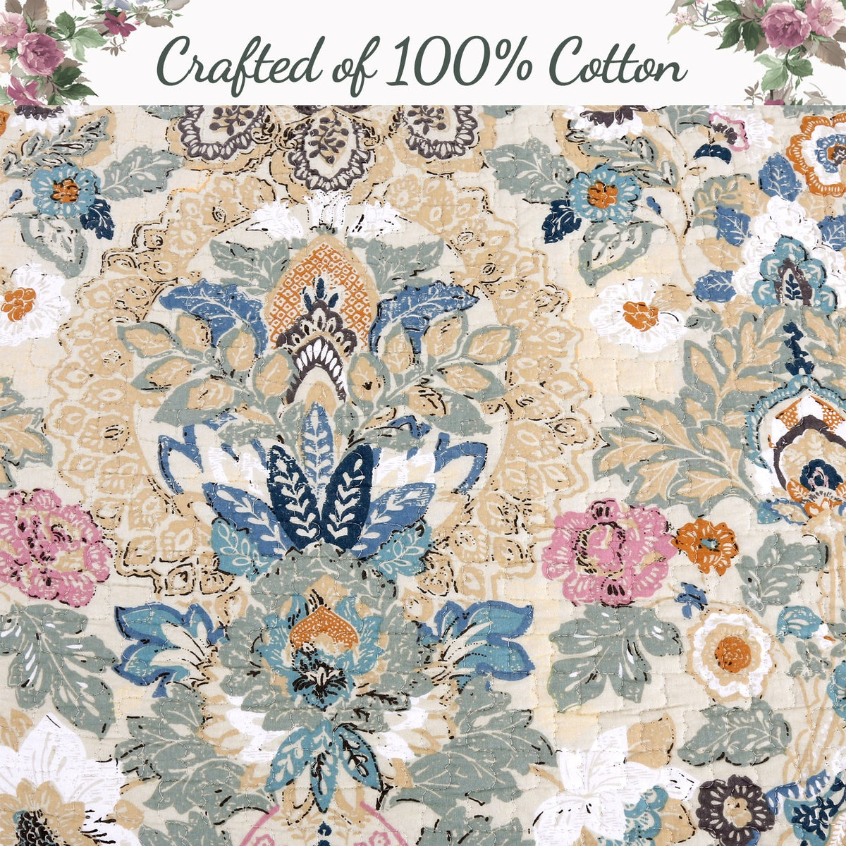 Floral reversible quilt fabric with medallion blooms in blue, beige, and pink tones