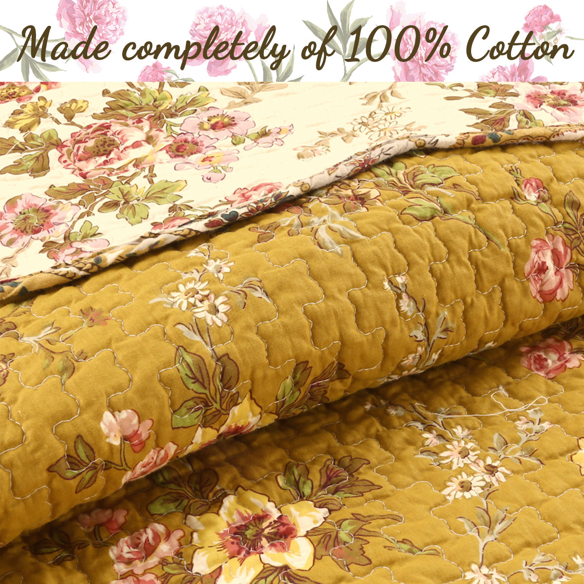 Close-up of reversible quilt with yellow floral print and stitched quilting texture