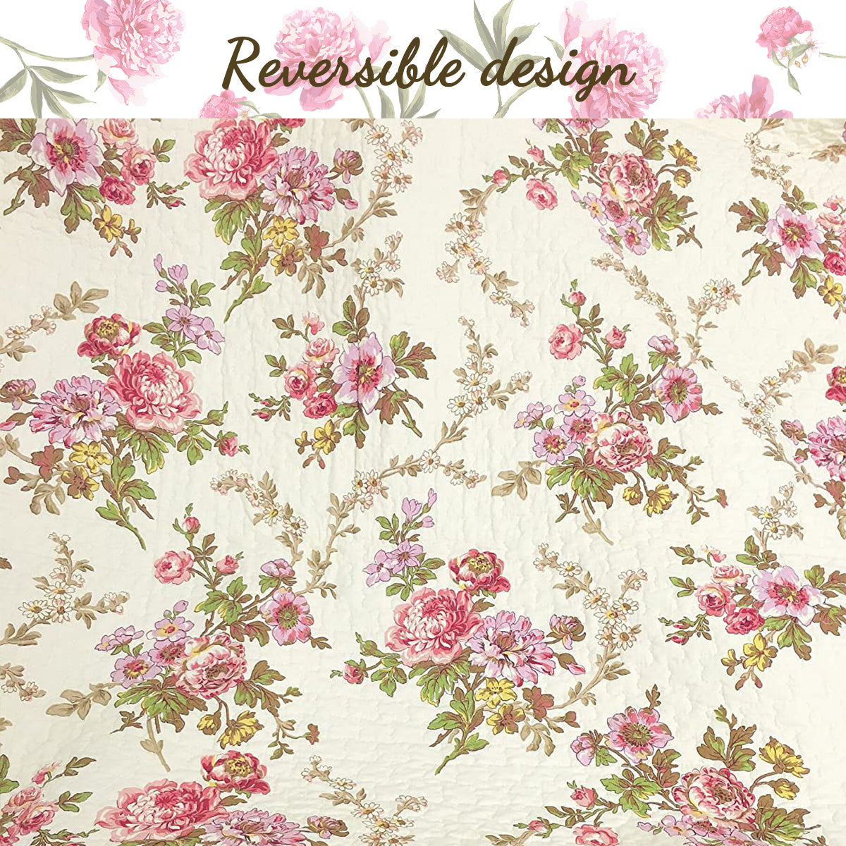 Cream floral quilt fabric with scattered pink and green blossoms print pattern