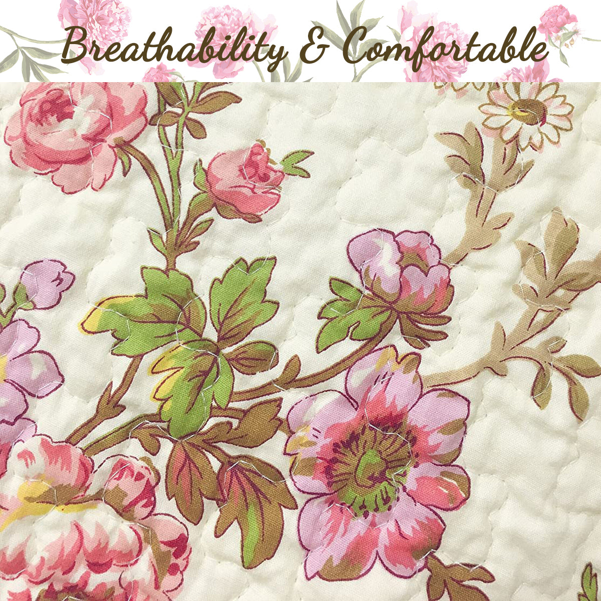 Cream quilt fabric with pink floral blossoms and green leaf accents