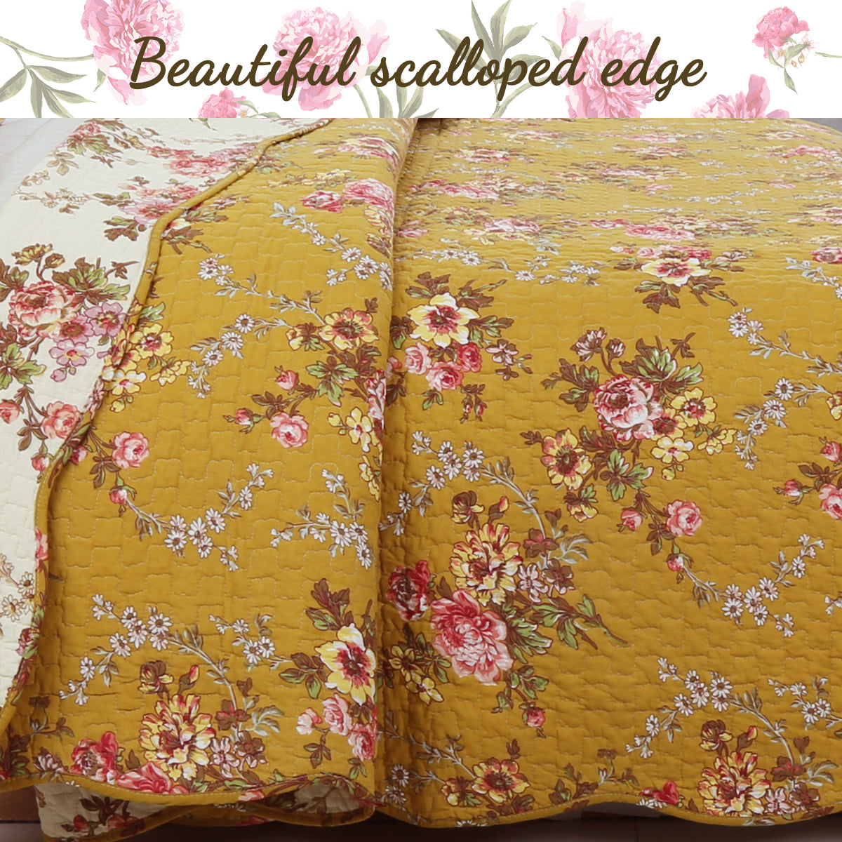 Reversible quilt showing scalloped edge border between cream and mustard floral sides