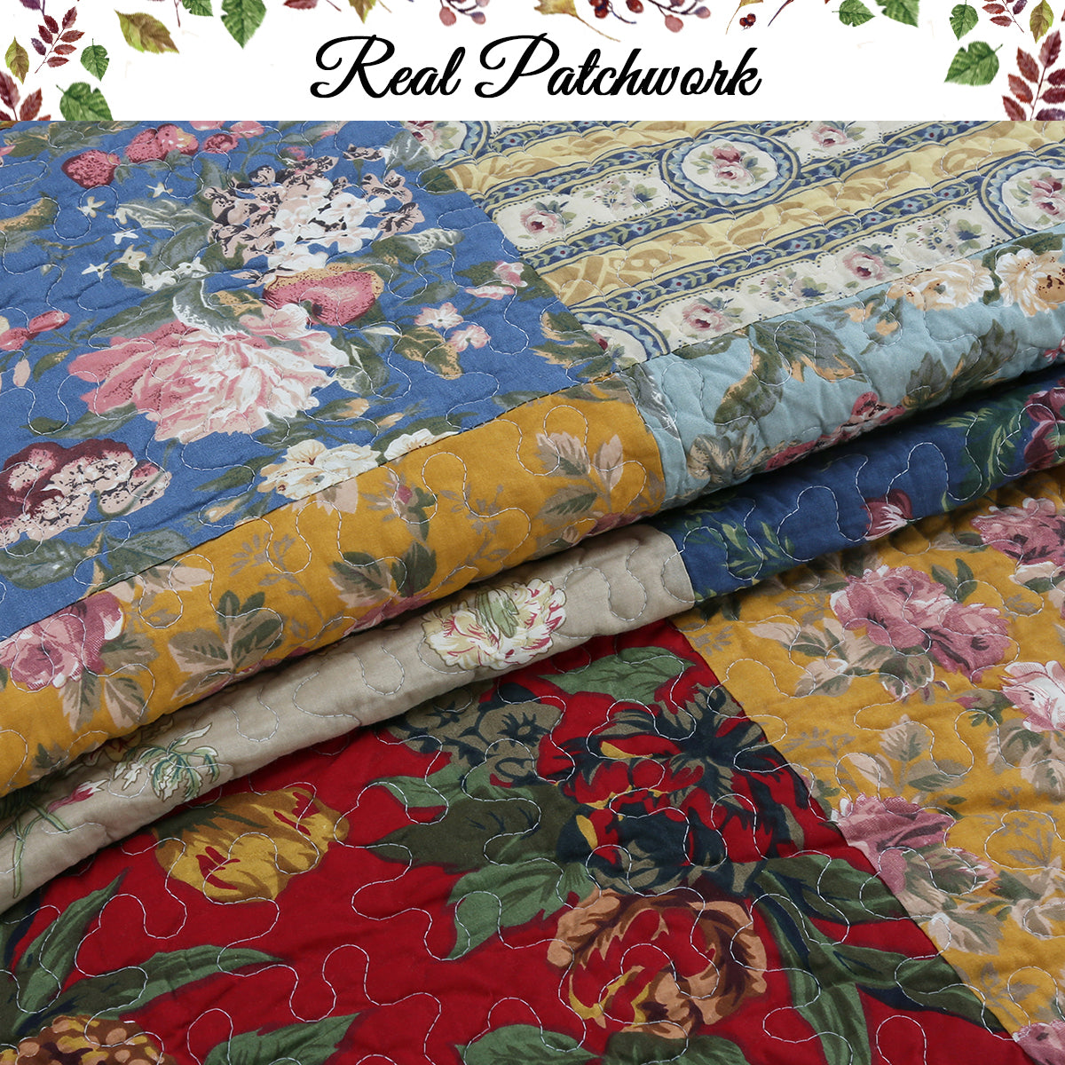 Real patchwork reversible quilt, layered floral and paisley fabrics in blue, red, and gold