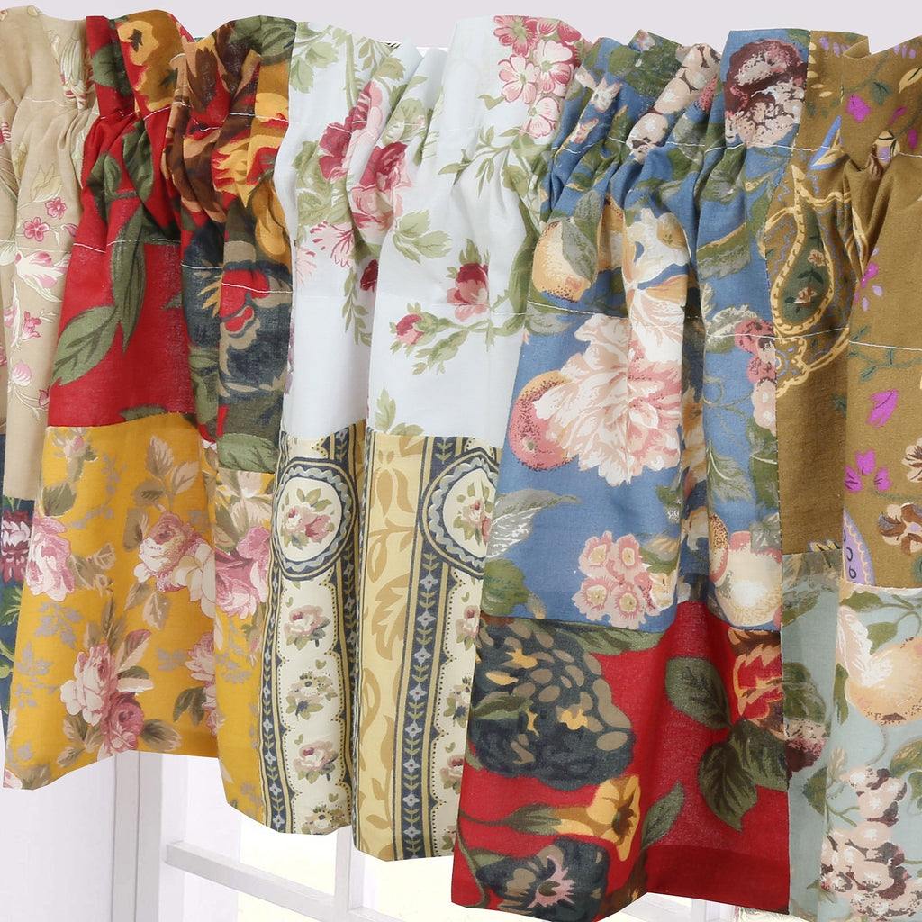 Floral patchwork curtain valance with botanical prints and paisley accents in mixed tones