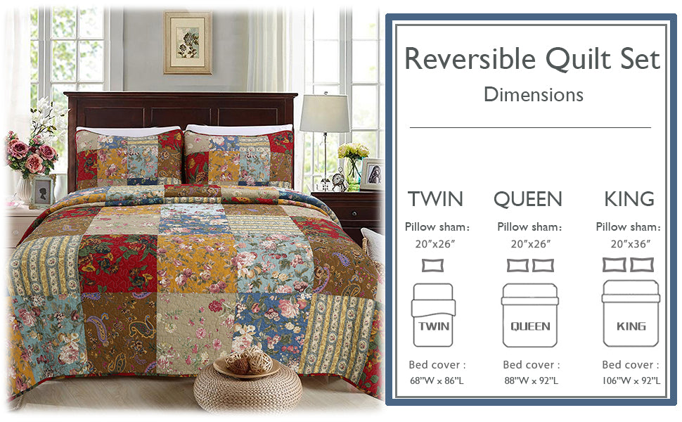 Reversible quilt set packaging showing twin, queen, and king size diagrams and dimensions