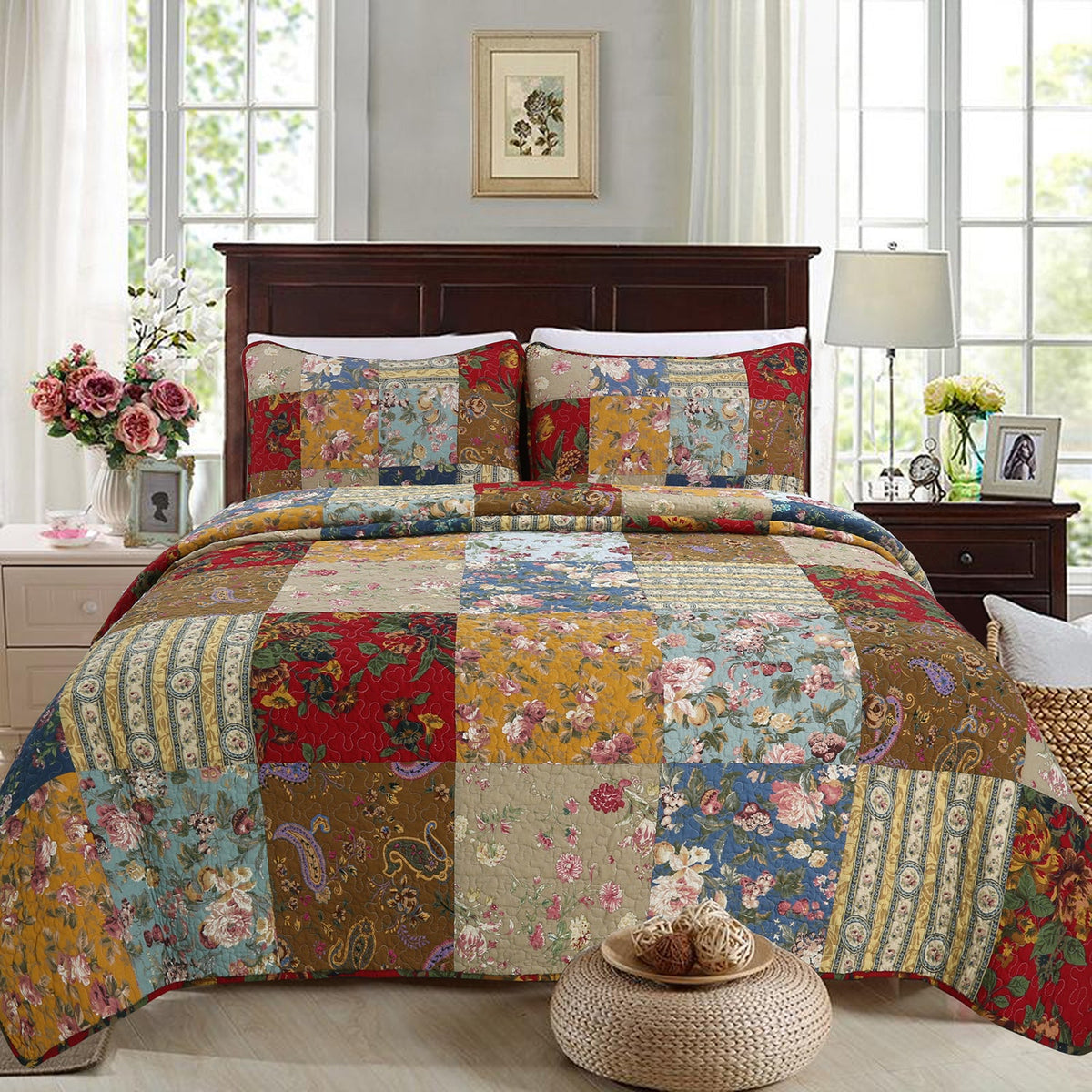 Reversible cotton quilt bedding set with colorful floral and paisley patchwork blocks