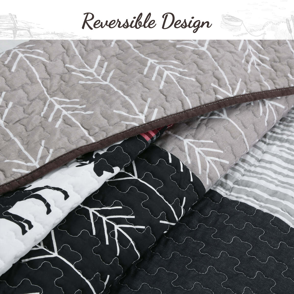 Reversible quilt with gray tree pattern and black deer/tree panel, brown binding