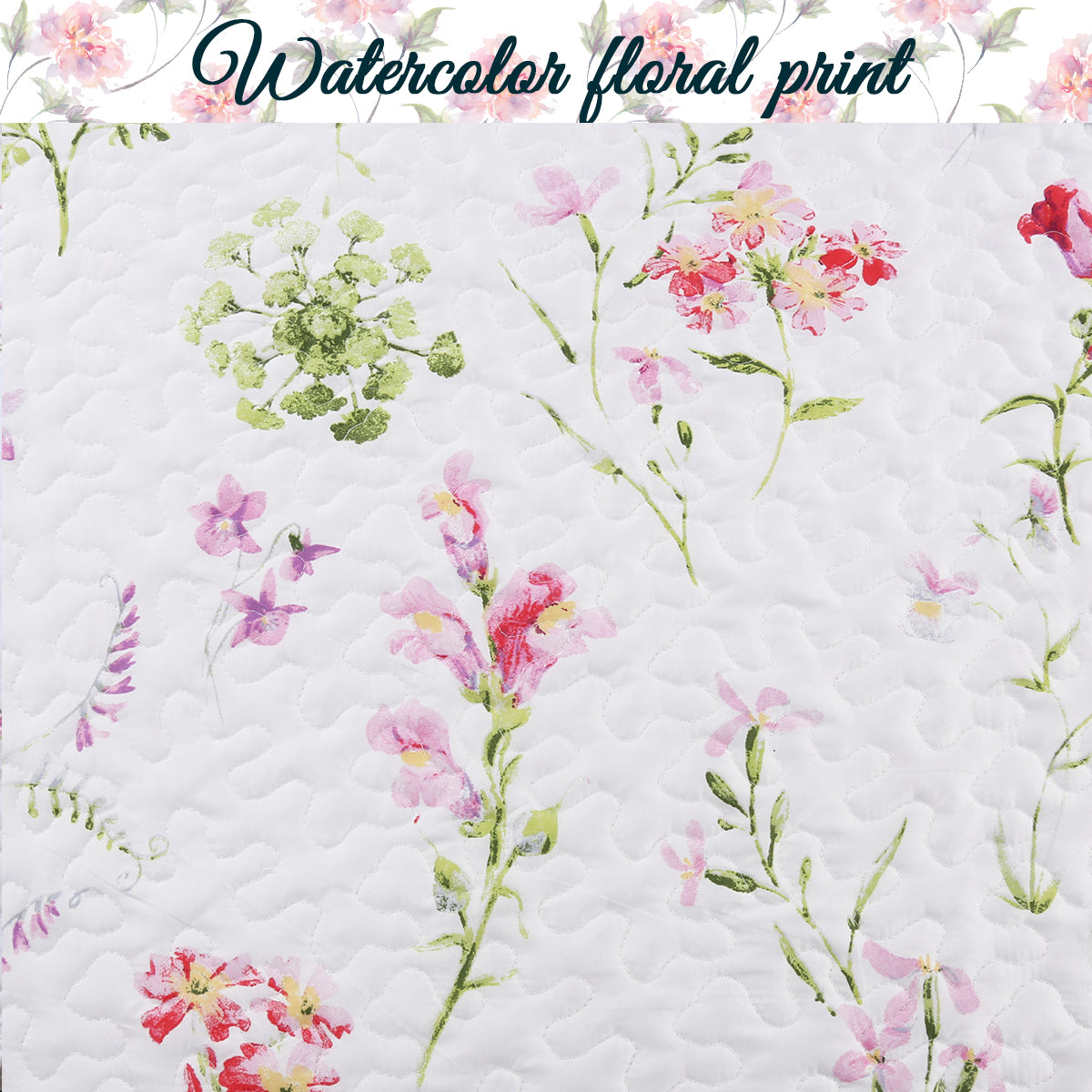 White quilted fabric with watercolor floral print in pink, green, and red accents