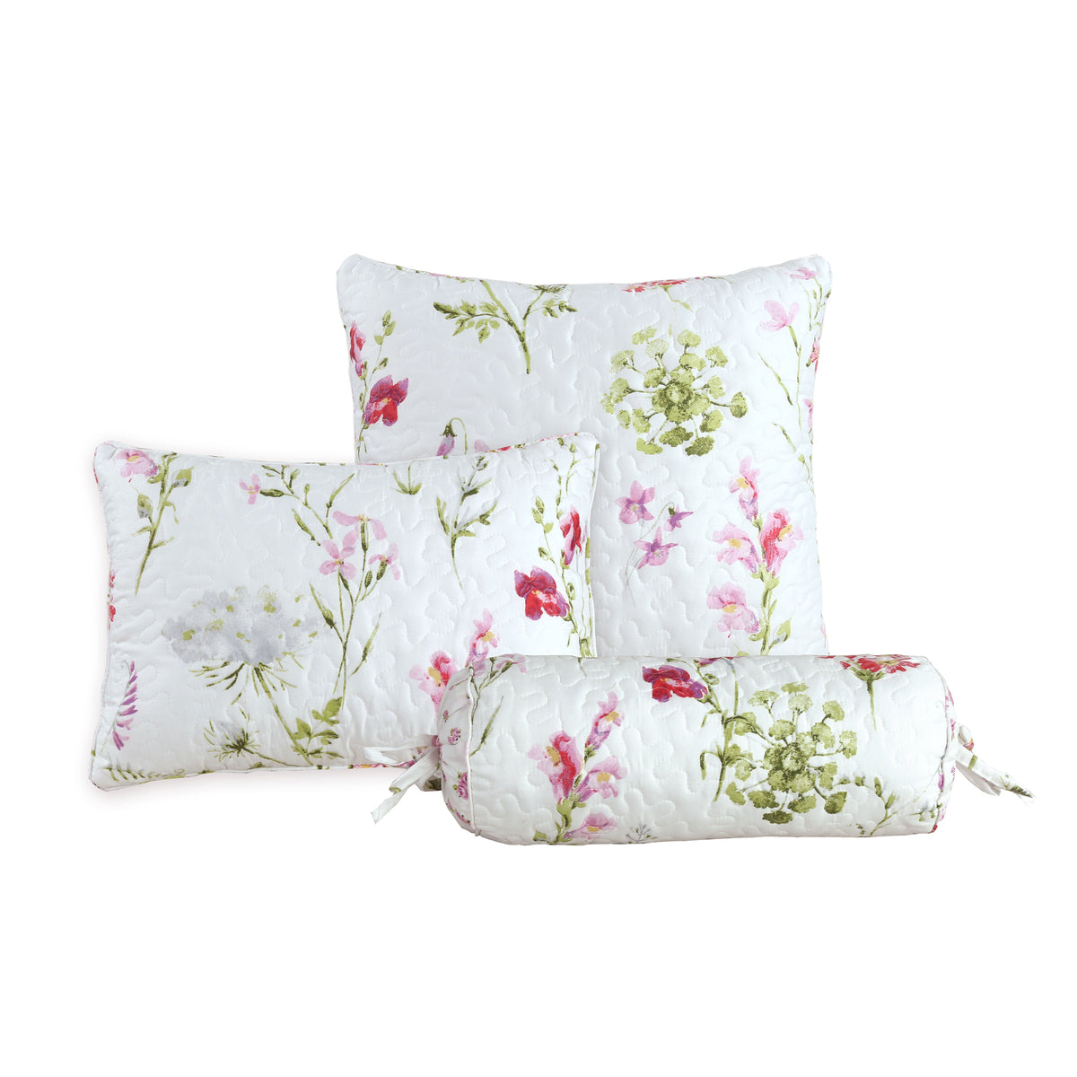 Set of three floral throw pillows on white with pink, blue, and green blooms