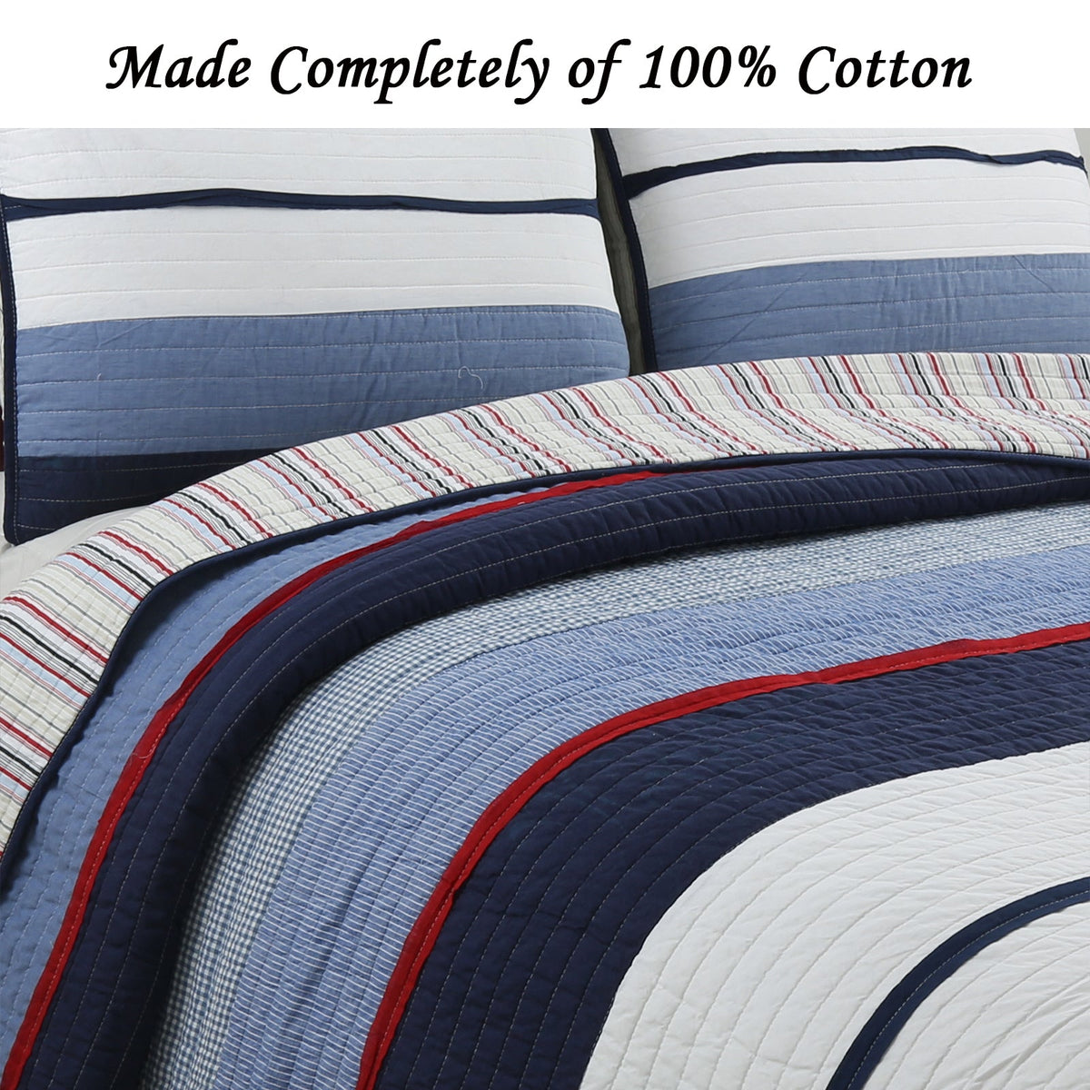 Reversible quilt bedding set with blue striped panels and red trim, navy backing