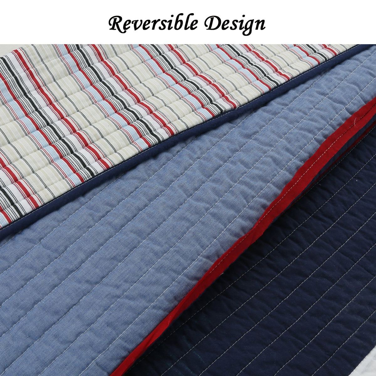 Reversible quilt close-up: light-blue striped side and navy side with red binding