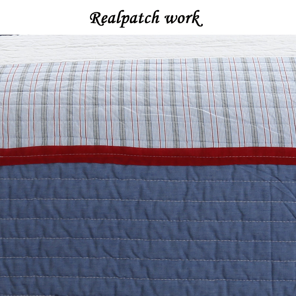 Reversible quilt top with pinstripe plaid rows, red accent band, and blue backing