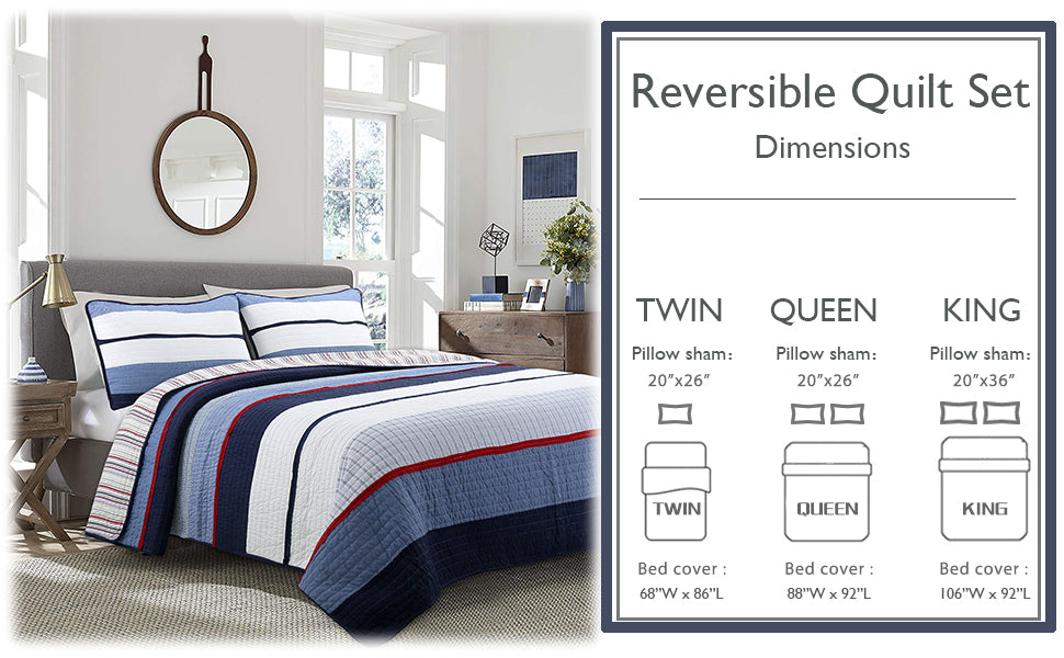 Reversible quilt bedding set with blue, white, and red striped quilt and matching shams
