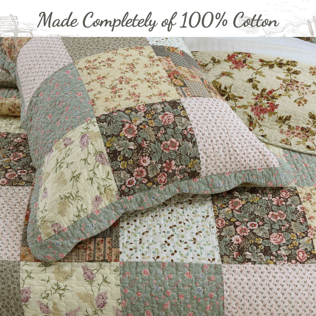 Quilted patchwork bedding with floral panels in teal, cream, and pink; close-up of stitching