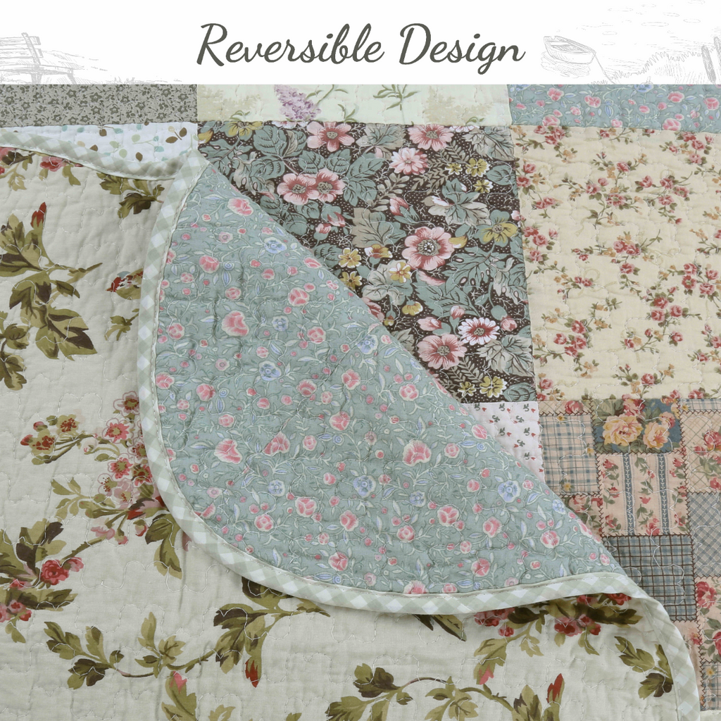 Reversible quilt showing mixed floral panels in blue, pink, and green on a light background