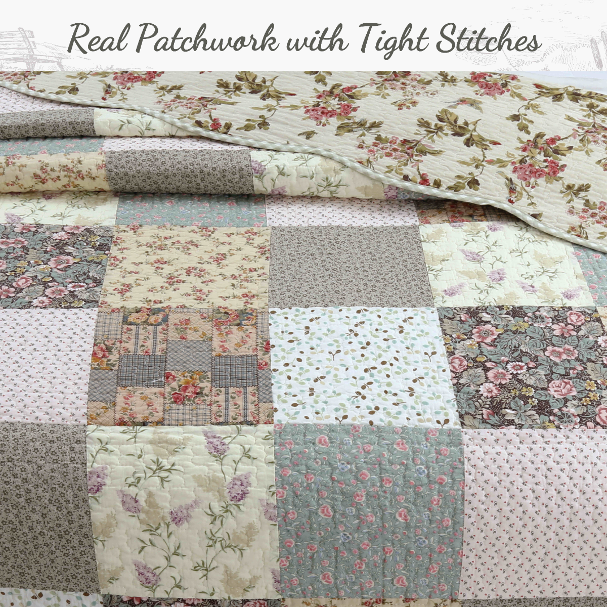Patchwork quilt top with floral squares and tight stitch quilting in cream, gray, and blue
