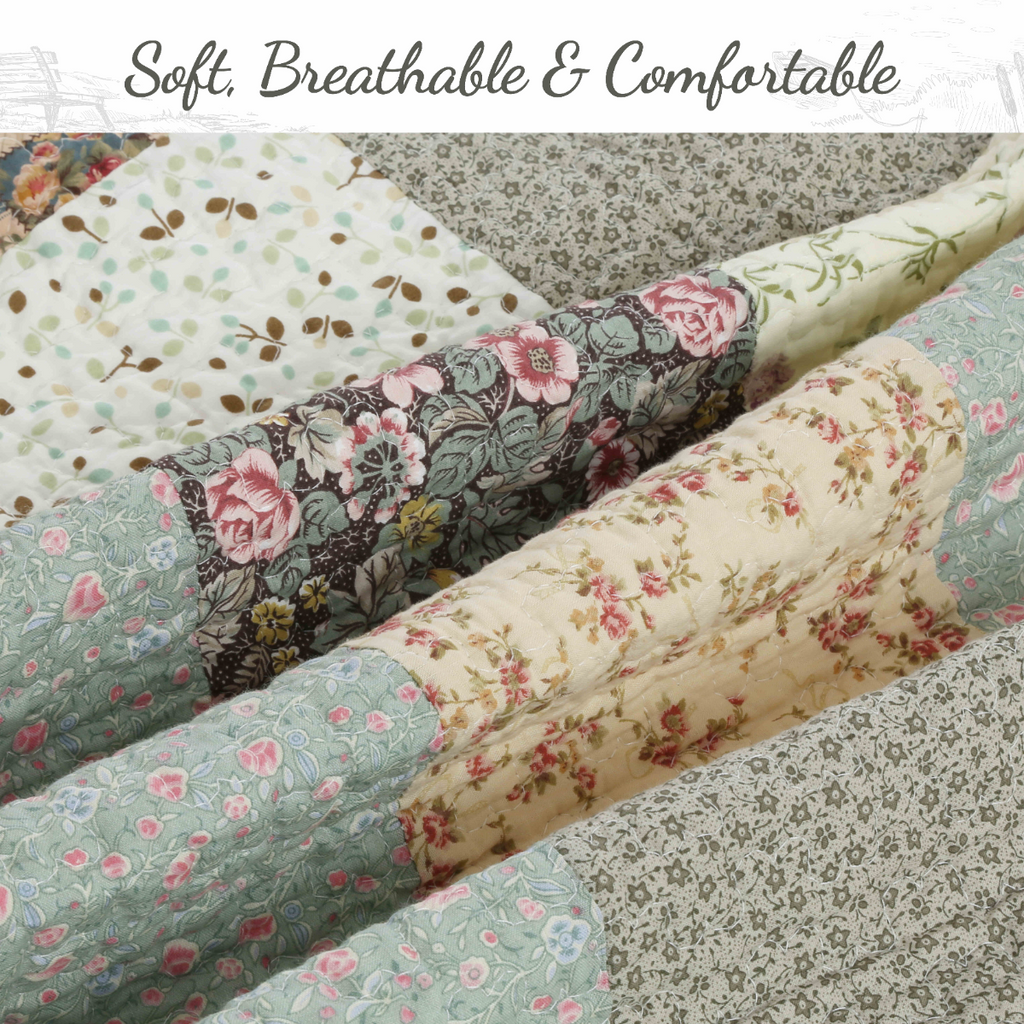 Patchwork quilt with layered floral prints in mint, cream, pink, and brown; soft folded texture
