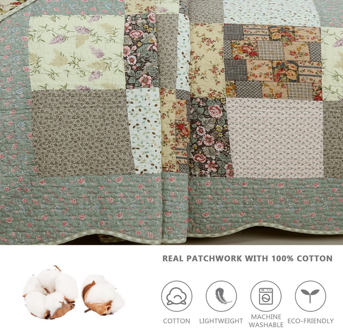 Reversible patchwork quilt laid flat with floral squares in teal, cream, and gray